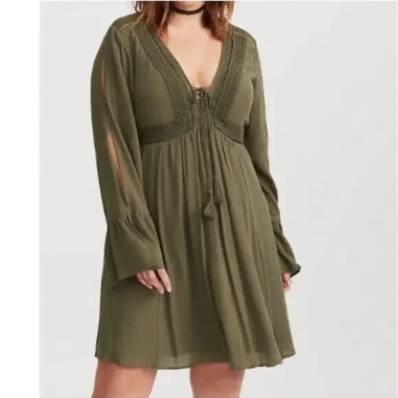 Torrid army olive green slit sleeve tassel boho peasant dress size 0 or Large - Picture 1 of 16